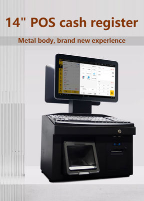 14 inch Dual Touch Screen Windows7 POS Kassaregister i3 Cpu 4+64GB Desktop POS Terminal met Printer, Toetsenbord, Scanner