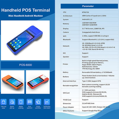 5.5" Handheld Android POS-systemen Kassa Machine Touchscreen Mobiele POS-terminal WiFi USB NFC Betaling voor Detailhandel Blauw