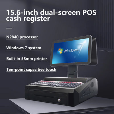 OEM ODM 15,6 inch dual screen Win 7 POS kassa N2840 CPU 2+32GB desktop POS terminal met 58mm printer, toetsenbord