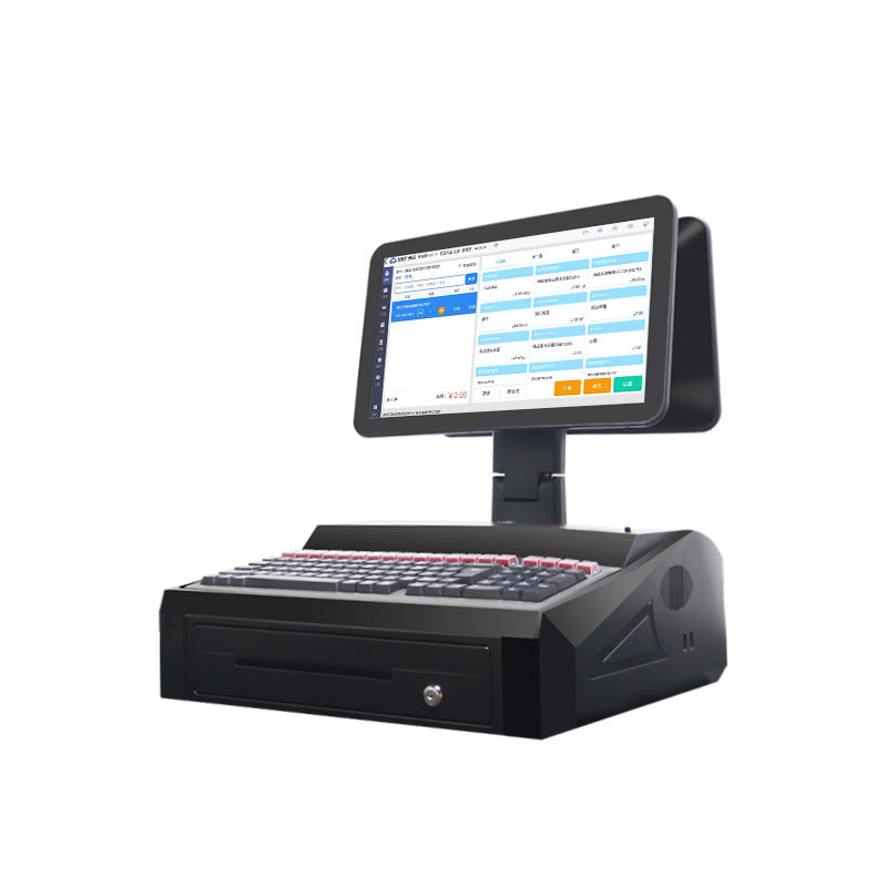 OEM ODM 15,6 inch dual screen Windows 7 POS kassa N2840 CPU 2+32GB desktop POS terminal met 58mm printer, toetsenbord